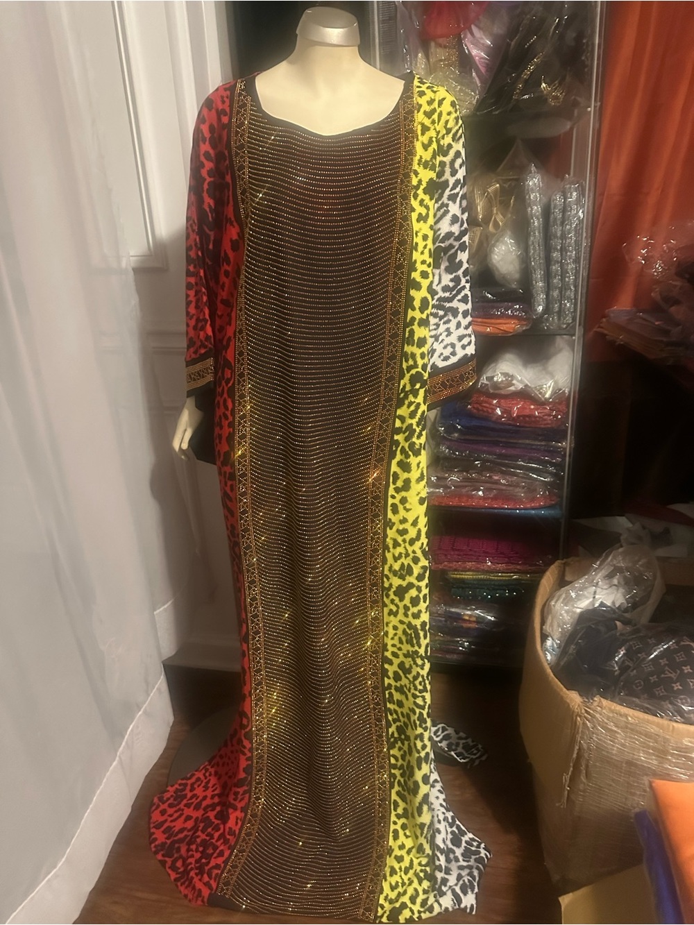 Leopard-Panel Maxi slik Dress with Gold Center - Red/Yellow/White